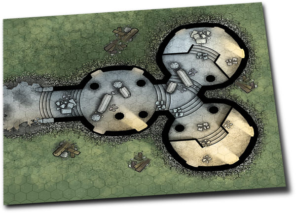 Tri-Tower Ruins hexagon battle map for tabletop roleplaying games 