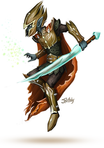 Fantasy illustration of a magical knight with gem sword.