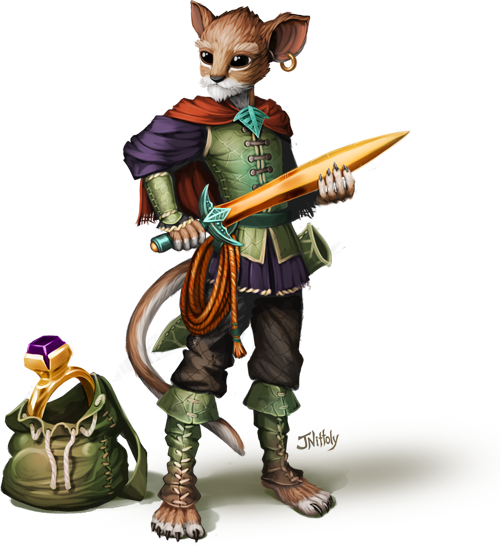 Fantasy illustration of a mouse-like humanoid with sword and sack of treasure.