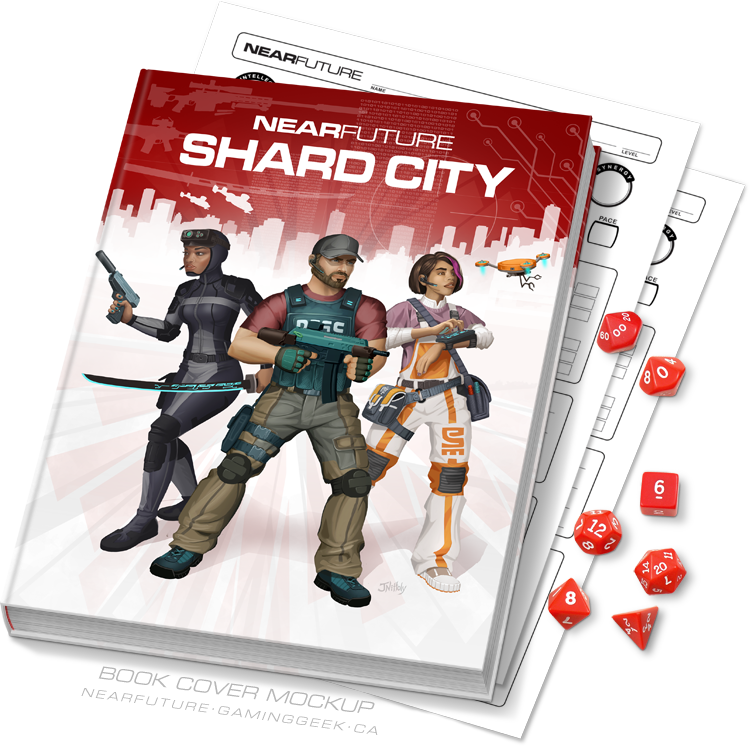 NearFuture: Shard City book cover mockup with character sheets and dice