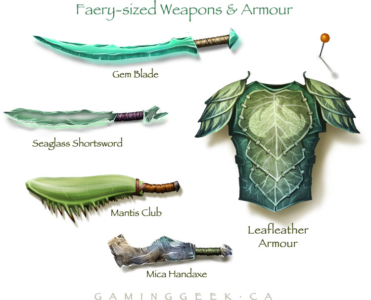 fantasy illustration of various faery-sized weapons and armour by Joe Nittoly